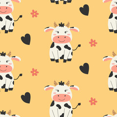 Seamless pattern with cute sitting cow and flowers. Pattern for fabric, wrapping, textile, wallpaper, clothing. Vector illustration.