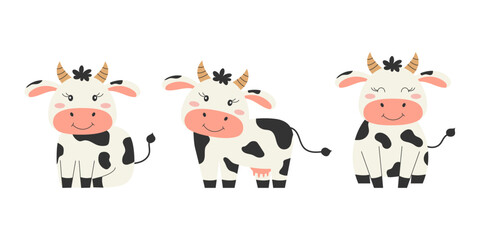 Set of cute cartoon cow characters. Farm animals. Vector illustration.