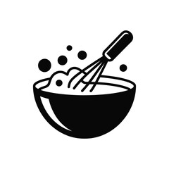 Black and white illustration of whisk mixing ingredients in a bowl