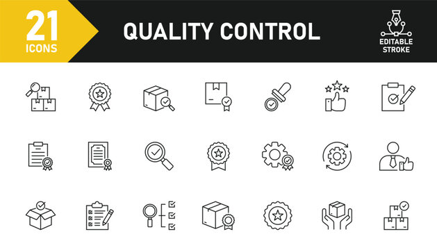 Quality control line icon set. Set of 21 outline icons related to inspection, evaluation, quality, testing, product, process and others. Editable stroke. Vector illustration.