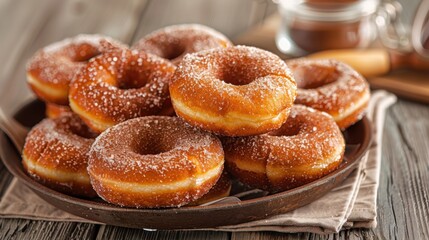 A mouthwatering display of freshly made sugary doughnuts piled high on a rustic wooden platter, inviting anyone to indulge in their sweet flavor and airy texture.