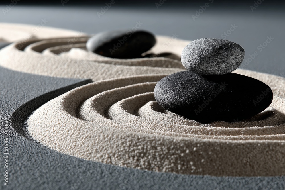 Aufkleber zen garden with smooth pebbles and raked sand creating a calm and relaxing minimalist landscape for 