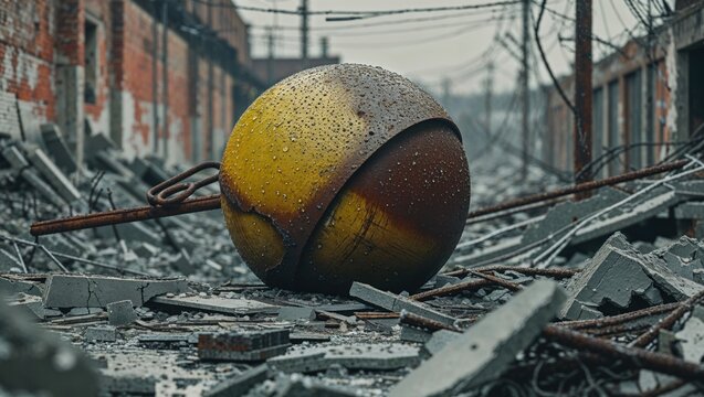 Resting large rusted metal sphere atop broken concrete slabs in factory aisle, with exposed rebar