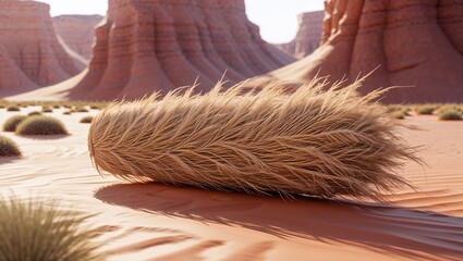 Lying tumbleweed-like roll of fibers casting shadow on red dunes, with shrubs and sandstone buttes