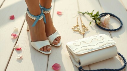 Stylish bridal accessories featuring pearls, white shoes, floral bouquet, and artistic decoration on a white background. Perfect for wedding inspirations and event themes celebrating elegance and roma