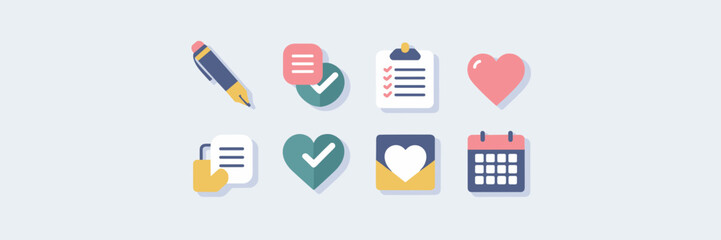 Flat vector icons of journaling prompts, habit tracking, gratitude logs, and daily entries
