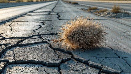 Resting spherical tumbleweed sitting on cracked asphalt road in arid desert, with sparse shrubs