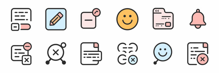 Minimal vector icons for digital journaling apps with features like mood tags and reminders