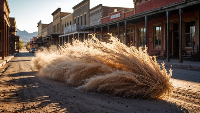 Rolling tumbleweed stirring dust across frontier road, with wooden storefront facades and benches - Powered by Adobe
