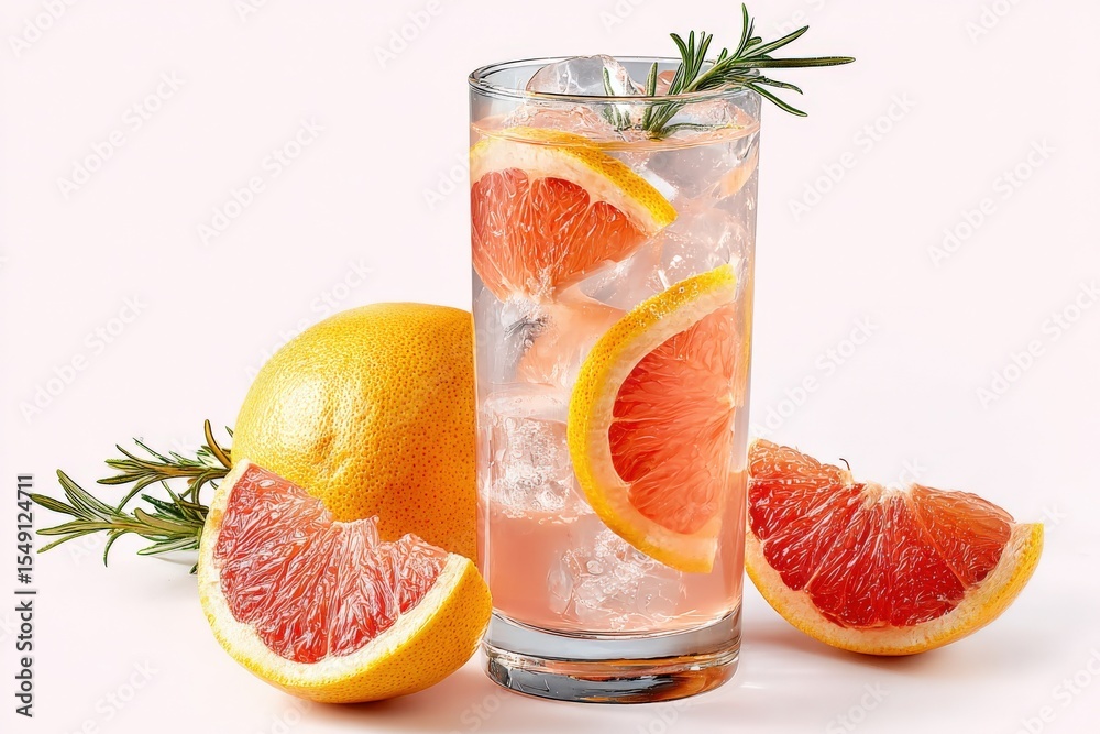Poster refreshing citrus drink with lemon and grapefruit slices in a tall glass garnished with herbs and ic