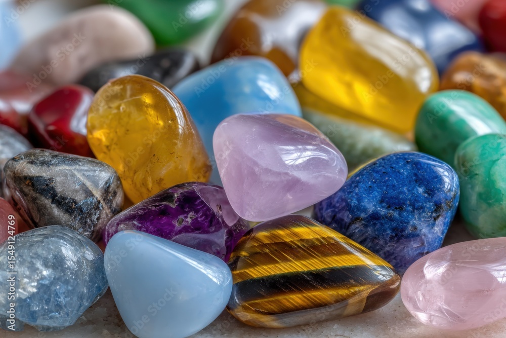 Poster vibrant assortment of smooth polished colorful semi-precious gemstones and tumbled stones in various