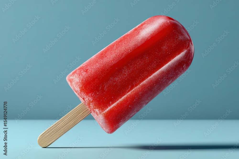 Poster bright red frozen ice cream popsicle with smooth texture and wooden stick on solid blue background f