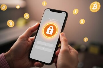 Image of Hands Holding Smartphone with Digital Wallet App, Two-Factor Authentication, and Floating Cryptocurrency Symbols