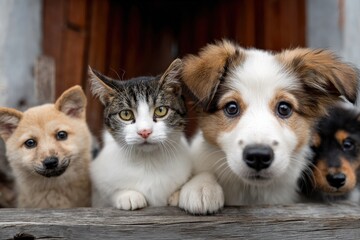 Adorable mixed breed puppy and two playful cats resting on rustic wooden floor outdoors with wooden fence background