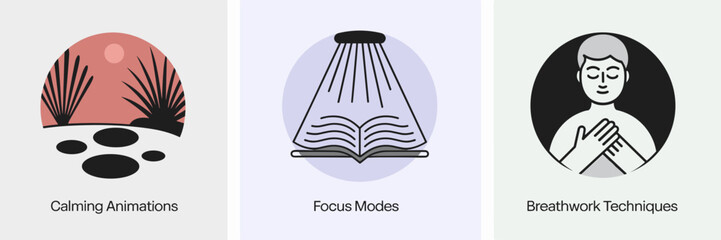 minimal vector app UI icons for calming animations focus modes and breathwork techniques