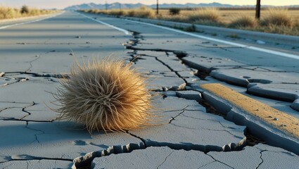 Round spiky tumbleweed lying on cracked asphalt highway, with utility poles, mountain ridges