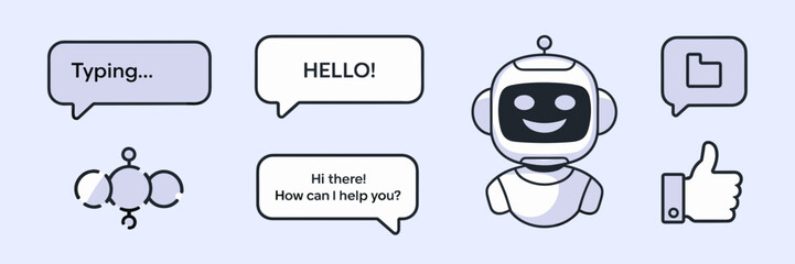 Fototapeta premium Chatbot UX icon collection with conversation bubbles and feedback icons – Suitable for AI customer support materials, bot branding, or tech apps.