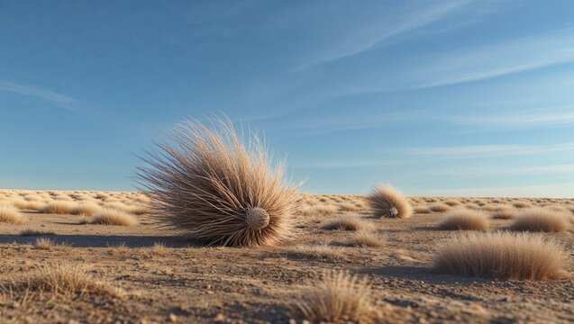 Stretching across desert plain, large spiky grass clump showcasing scattered tussocks, copy space
