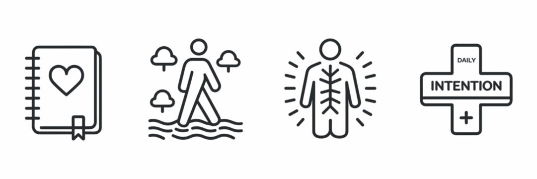 vector icon set of mindfulness activities with journal heart walking and daily intention