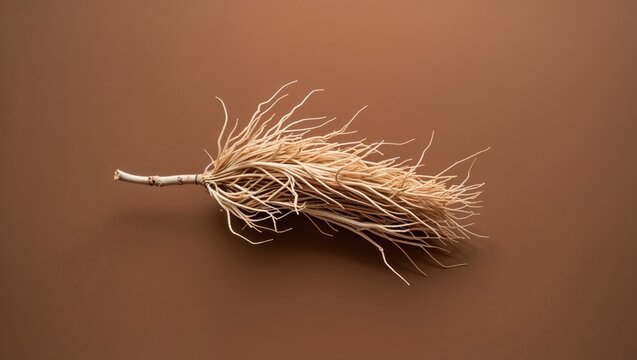 Displaying dried plant branch spreading fibrous rootlets on brown tabletop, with botanical detail