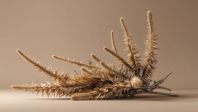 Showcasing cluster of dried spiky stems resting on smooth beige tabletop, with elongated seed heads - Powered by Adobe