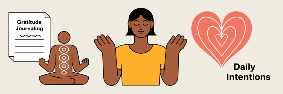 vector icons of mindfulness activities including gratitude journaling energy and daily intentions