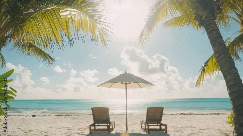 Poster a paradise beach with palm trees, sun loungers and a zone against the backdrop of the azure ocean. f