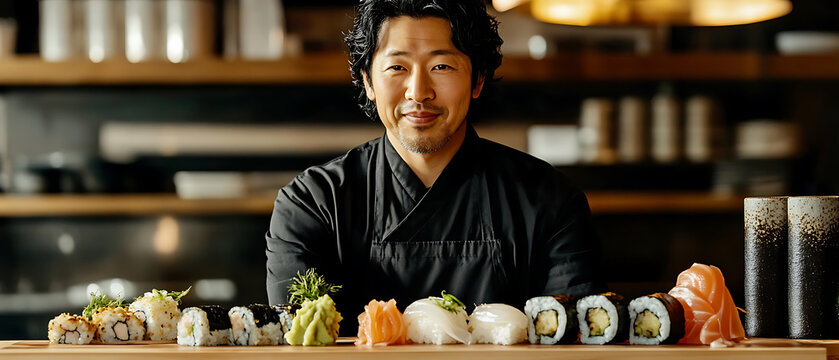 Chef presenting a variety of sushi rolls in a modern kitchen setting