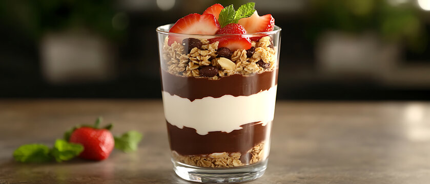 Layered Dessert with Chocolate, Yogurt, Granola, and Fresh Strawberries in a Glass