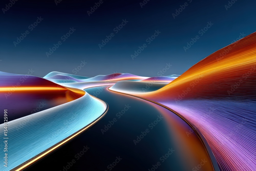 Poster futuristic abstract landscape with glowing neon light trails winding through colorful smooth hills a