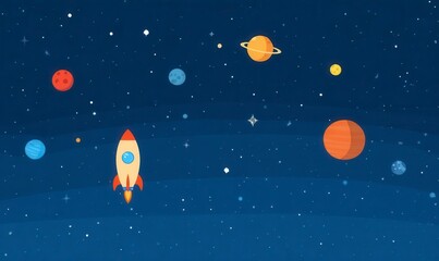 Pixel Art Rocket Launching into Starry Night Space