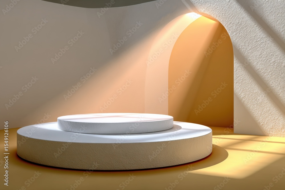 Aufkleber modern minimalistic circular elevated platform with soft natural sunlight gentle shadows and warm be