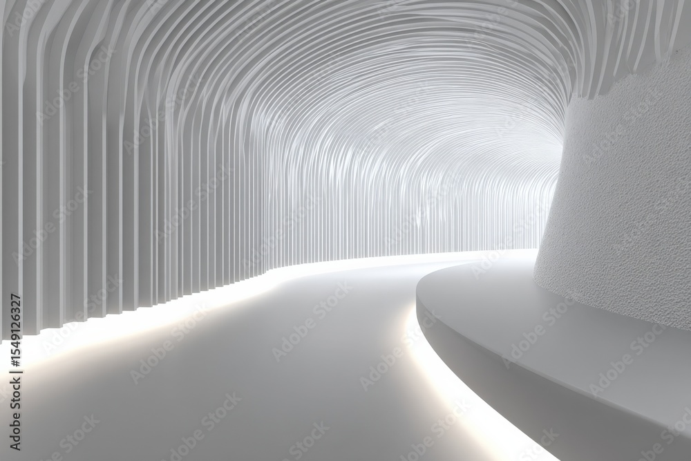 Aufkleber Modern futuristic tunnel with sleek white ribbed walls illuminated by soft LED lighting creating an immersive and minimalist architectural design