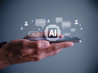 Man presenting AI visual interface with virtual holographic buttons and head scan panel