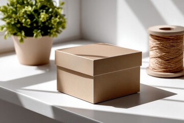 Obraz premium Elegant plain cardboard gift box with lid placed on bright ill with houseplant and spool of twine for packaging and decor