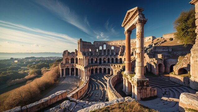Highlighting Roman amphitheater ruins on hillside, featuring curved seating and Corinthian columns - Powered by Adobe