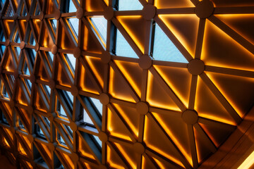Architectural glass structure with a geometric triangular pattern, Steel glass roof wall construction transparent window with support system