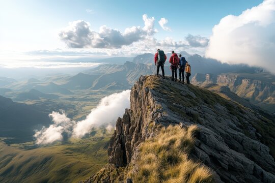 A group of climbers stands on a jagged cliff, enjoying spectacular views from the Drakensberg Mountains.