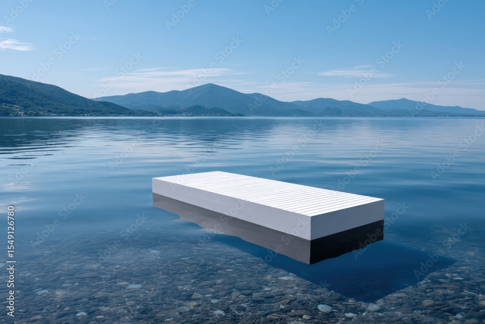 Poster serene calm lake scene with a modern white floating dock extending into clear water surrounded by mo