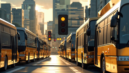 Fototapeta premium Yellow buses lined up on urban road with traffic lights during golden hour sunlight in a city