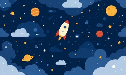 Pixel Rocket Launching Through Starry Night Sky