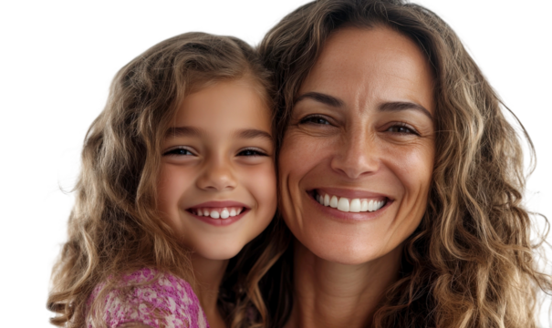 Joyful moment between a mother and daughter with beautiful smiles showcasing love, happiness, and connection against a simple background