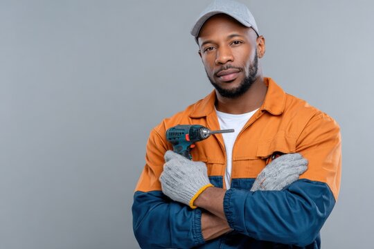 African American skilled male technician holding a power drill in a workshop with grey background, wea safety gloves and casual work attire - Powered by Adobe