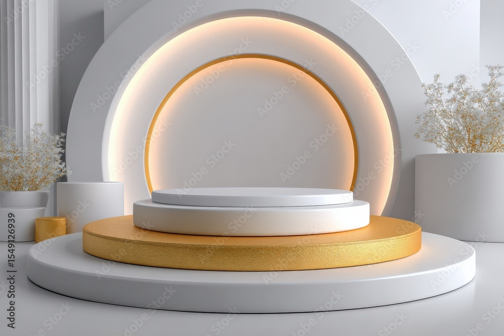 Aufkleber Modern stylish illuminated circular backdrop with layered glow and minimal decorative elements in neutral tones ideal for product display and photography