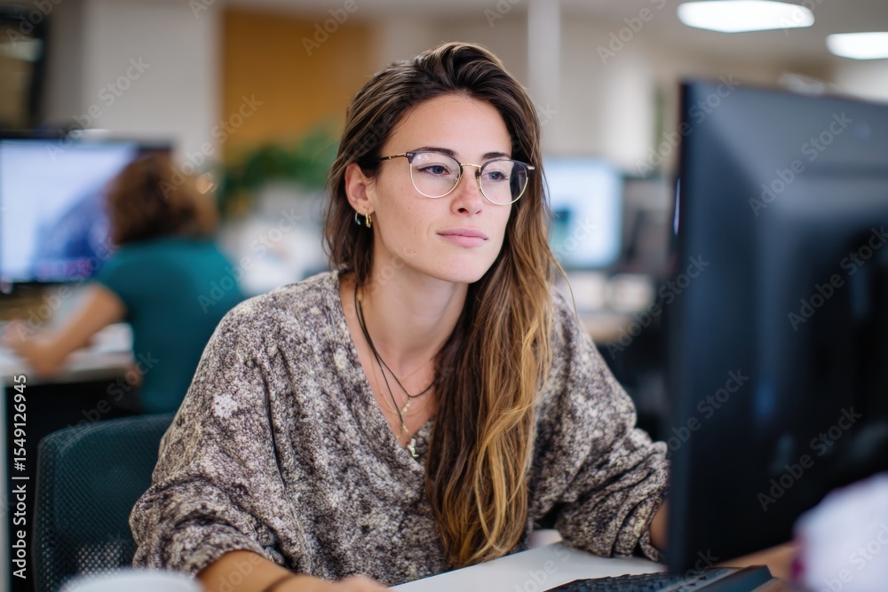 Poster professional woman focused working on a desktop computer in an modern office environment with cowork