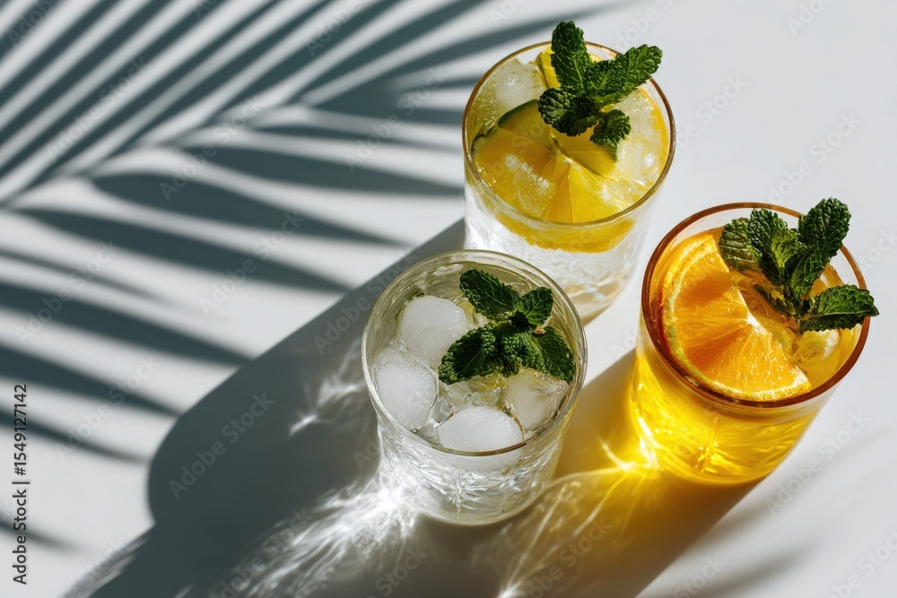 Poster refreshing citrus and mint infused cold beverages with ice and vibrant citrus slices served in tall 