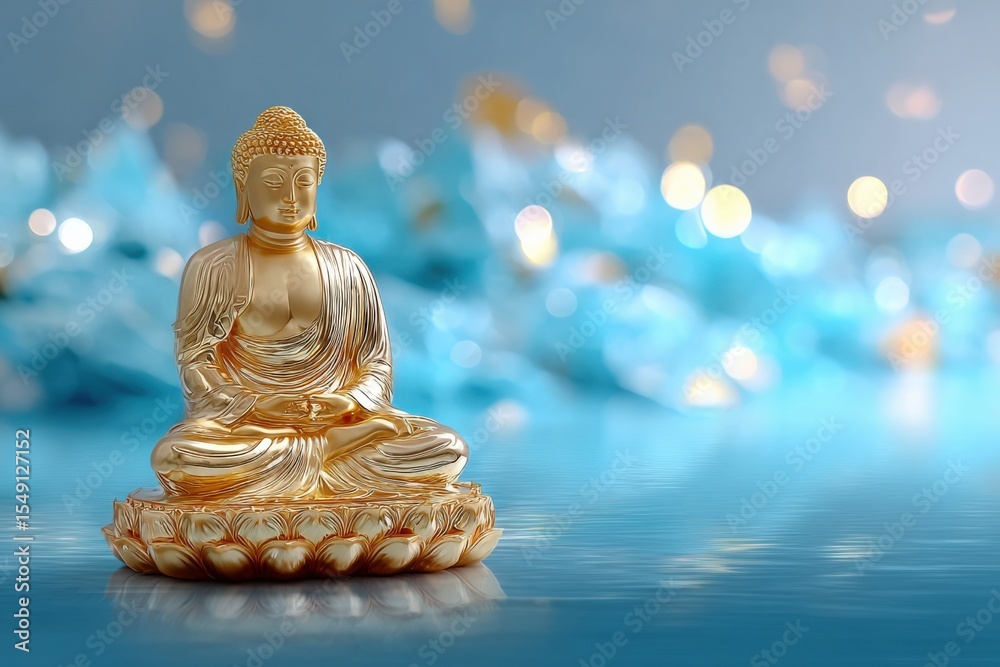 Poster close-up of a golden buddha statue seated on a lotus flower with a blurred colorful background and w