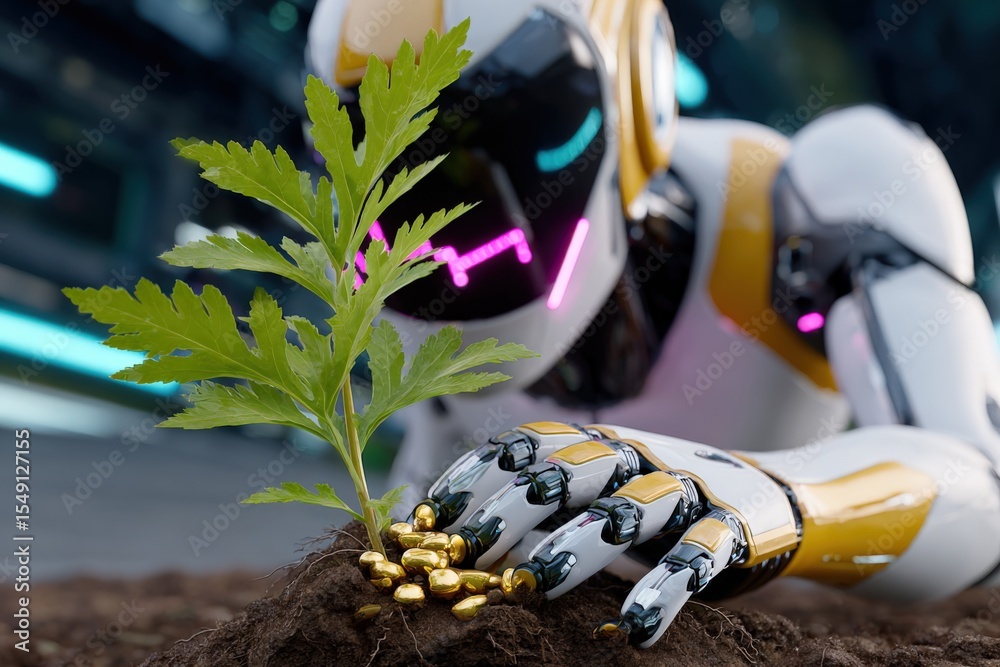 Poster futuristic humanoid robot in protective suit planting a young green sapling in soil representing tec