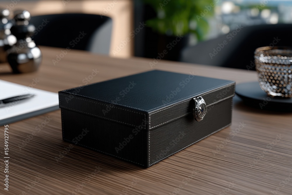 Poster elegant black rectangular jewelry display box with a silver clasp on a wooden table in a modern offi