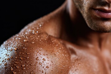 Fototapeta premium Close-up of a man's shoulder and partial face with water droplets on skin, highlighting freshness, hydration, and skin texture in studio shot
